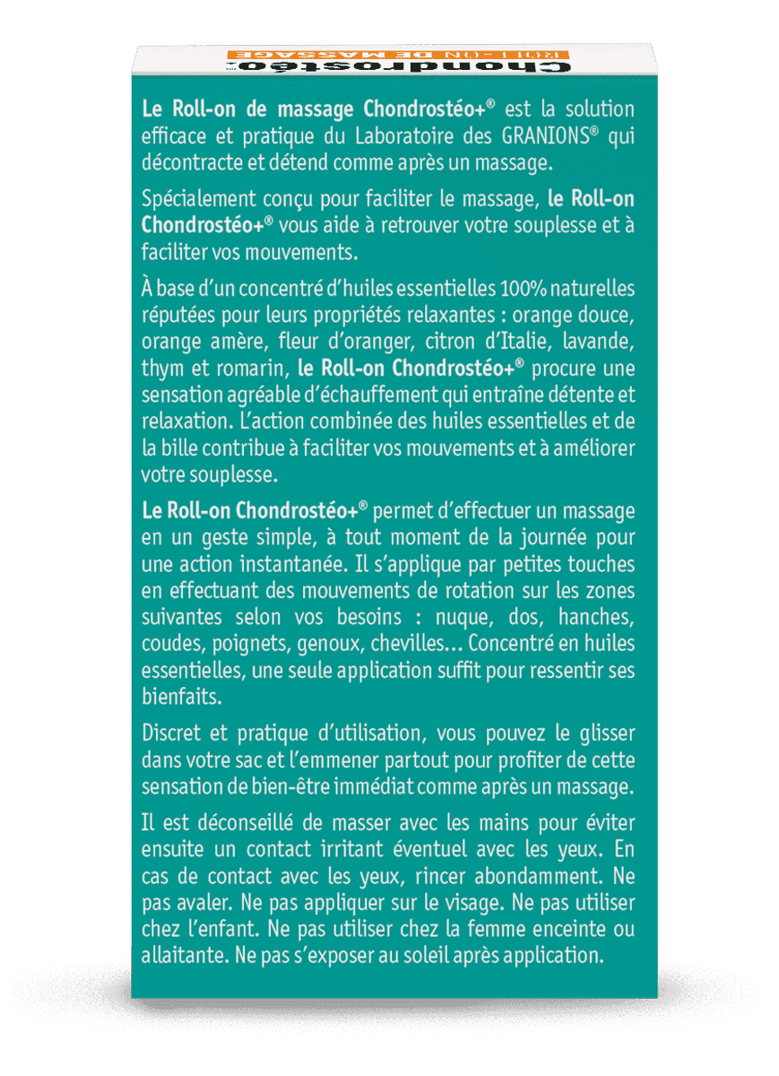 GRANIONS Chondrostéo+ Roll-On de Massage - 6 Ml - Environ 200 Utilisations - 7 Huiles Essentielles 100% Naturelles - Format Nomade Testé Dermatologiquement Laboratoire des Granions - Marque Française-vue de dos