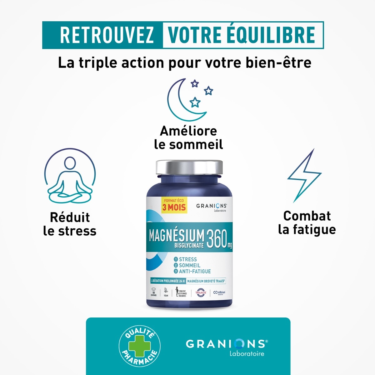 Granions - Magnésium Bisglycinate 360mg - Triple action bien-être