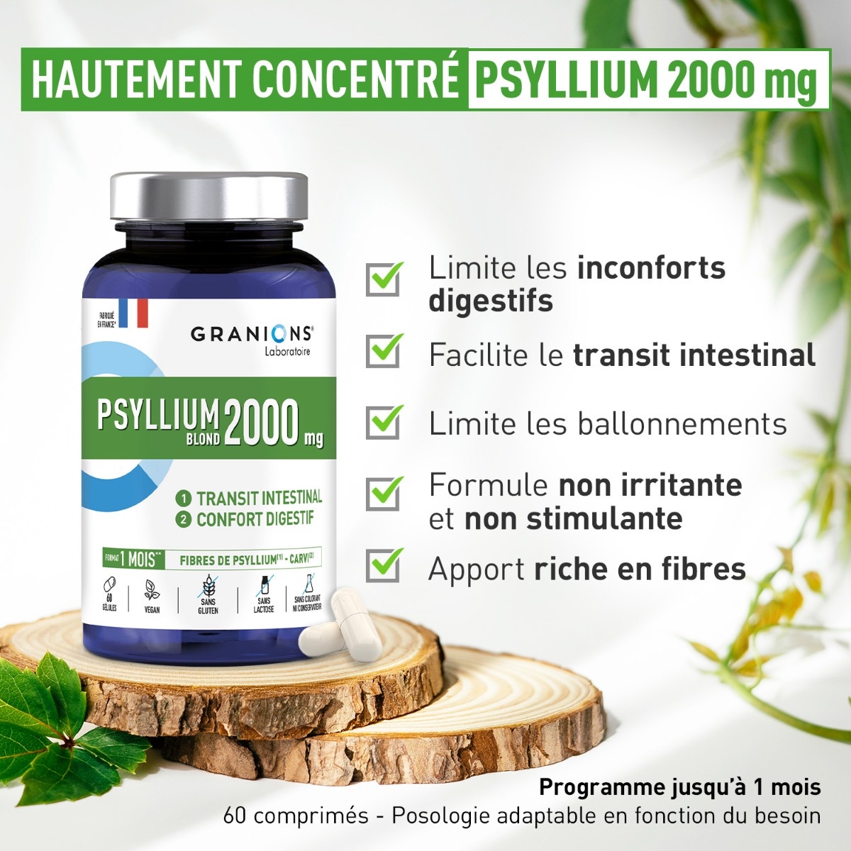 Psyllium blond GRANIONS 2000mg avec Magnésium + Pruneau + Mauve actions