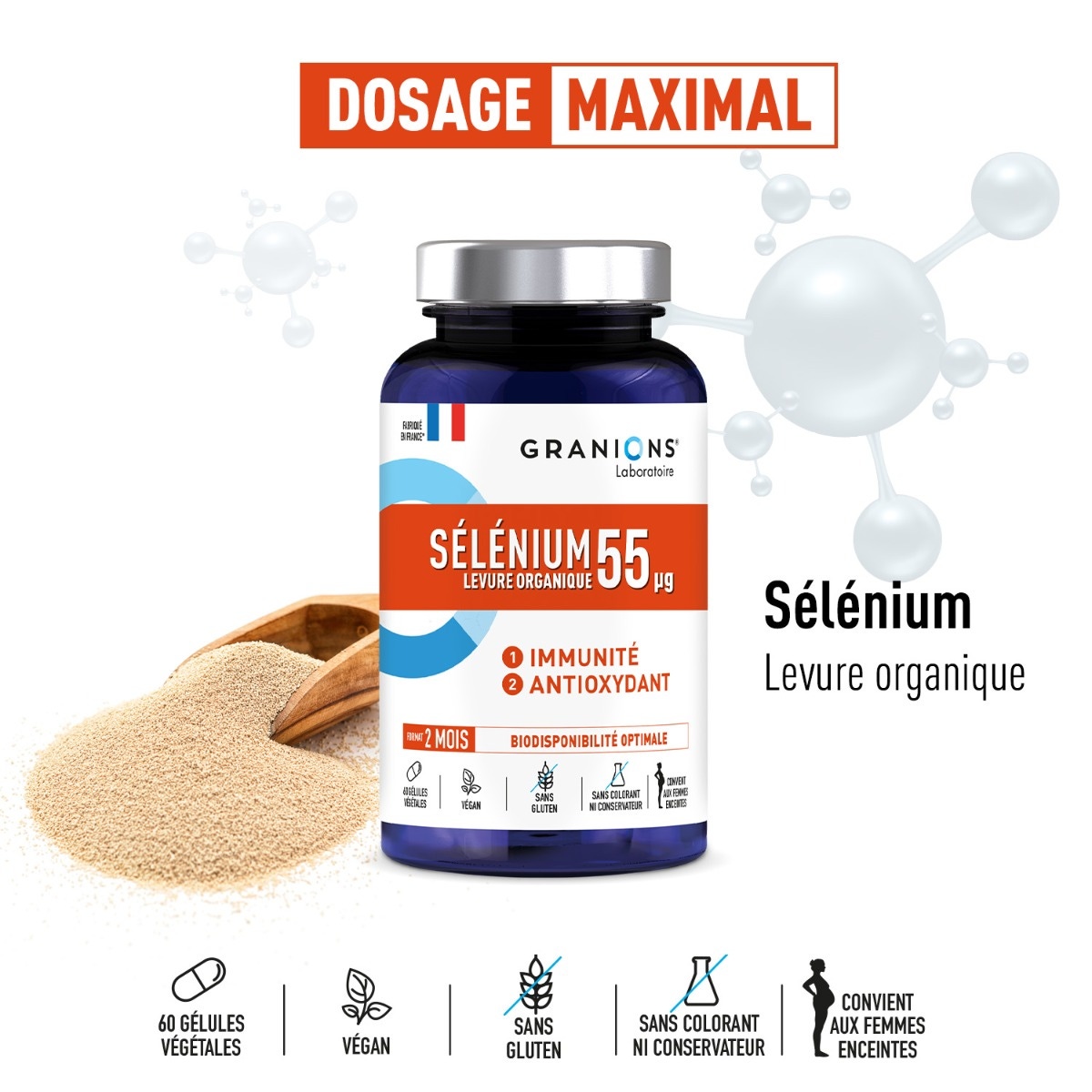 Sélénium 55 µg - 60 gélules - oligoélément essentiel - Convient aux femmes enceintes