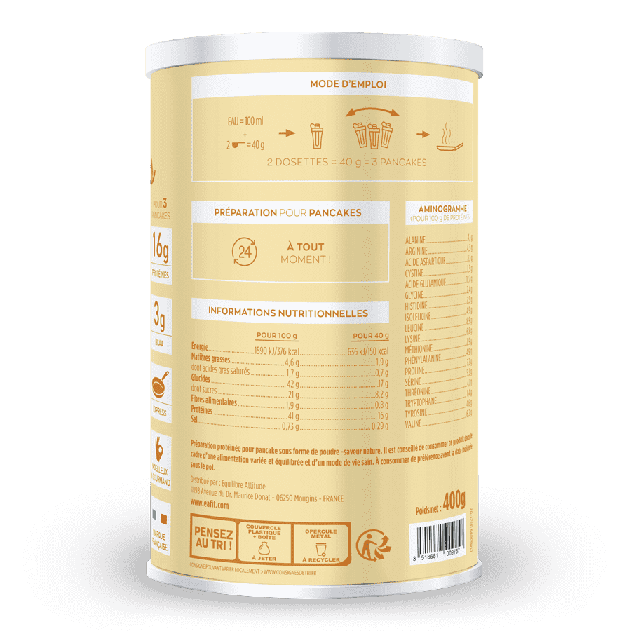 EAFIT Pancake Hyperprotéinés saveur nature - 400g - Pour 10 service de 3 pancake - 16 g de protéines - droite
