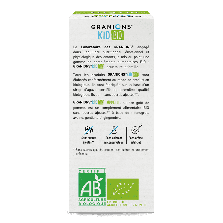 GRANIONS Kids Bio Sirop goût pomme aide à stimuler l'appétit de votre enfant. Il n'aimera pas les légumes pour autant mais au moins il aura assez faim pour les manger ! Dos