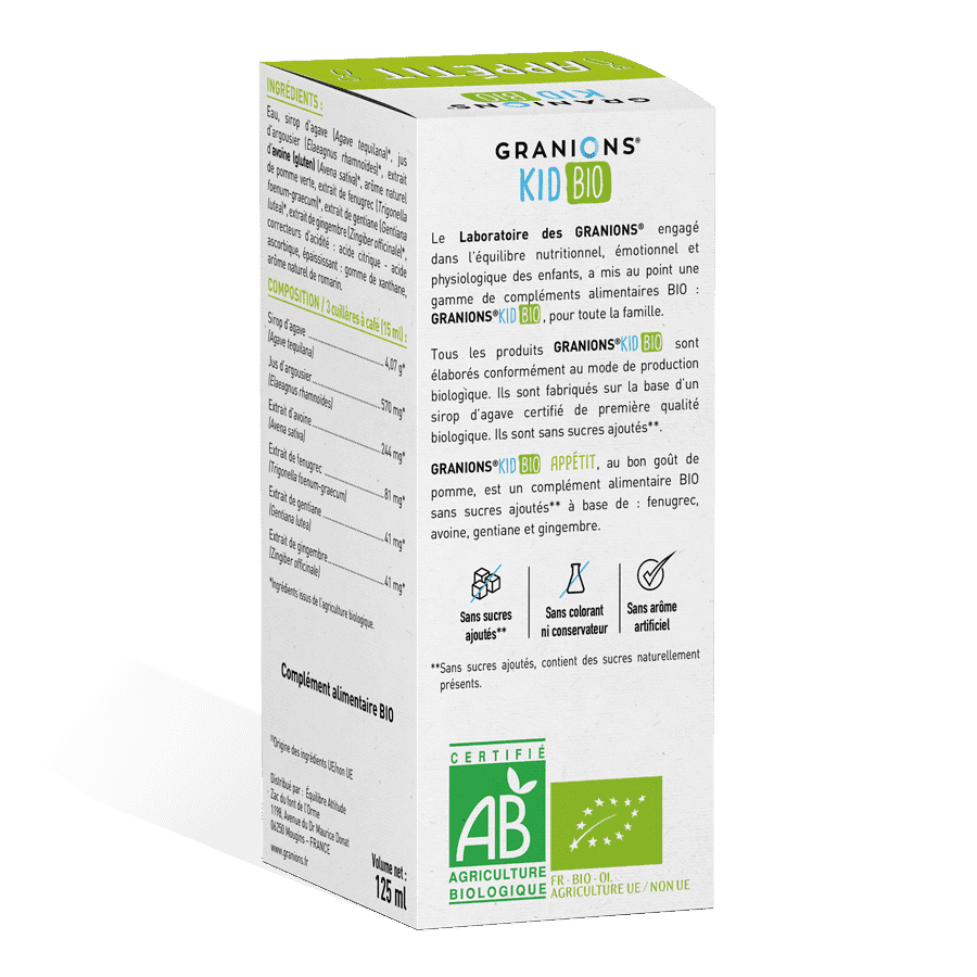 GRANIONS Kids Bio Sirop goût pomme aide à stimuler l'appétit de votre enfant. Il n'aimera pas les légumes pour autant mais au moins il aura assez faim pour les manger ! Perspective dos